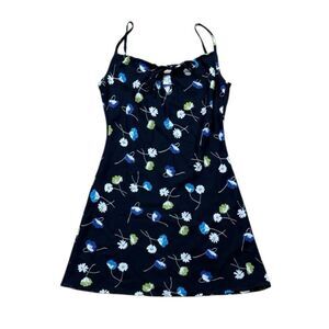 90s Y2K Vintage Black Floral Mini Dress Peek A Boo Scoop Neck M Collection Small